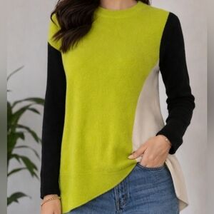 Pure Amici 100% Cashmere Sweater M Asymmetrical Hem Chartreuse Green Luxury Knit